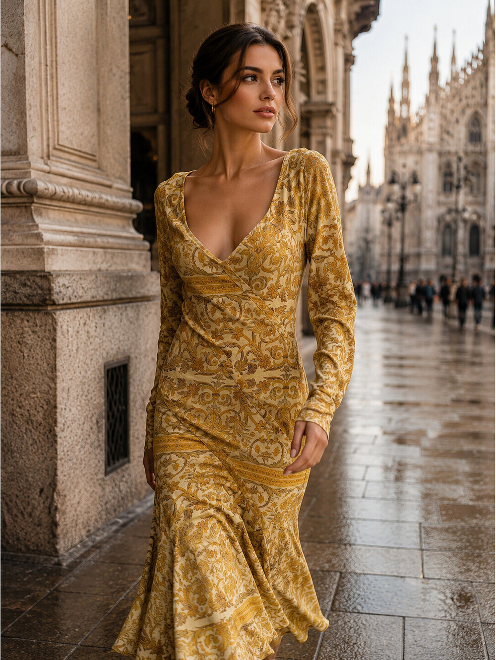 Vintage Roberto Cavalli Yellow Patterned Bias Cut Midi Dress Size US 6/ IT 42